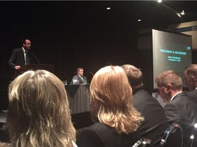 Saskatchewan Roughriders president-CEO Craig Reynolds gives his report at the annual general meeting on Wednesday at the Conexus Arts Centre.