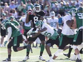 SASKATOON,SK--JUNE 3 2017-0603-SPORTS-RIDERS- Saskatchewan Roughriders quarterback Vince Young goes to throw the ball during a mock game at SMF for the Riders Training Camp in Saskatoon, SK on Saturday, June 3, 2017. (Saskatoon StarPhoenix/Kayle Neis)