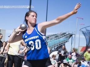 Mikayla Swallow from Swift Current competes in the shot put during the Saskatchewan High Schools Athletic Association track and field championships Saturday in Saskatoon.