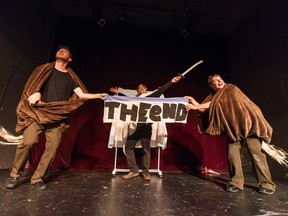 Ryan Reese (centre), James Wade (left) and Jeremy Park of Red Phone Theatre perform "A Song of Bucephalus" in the Artesian in Regina, Saskatchewan on July 8, 2017. (Brandon Harder/Regina Leader-Post)