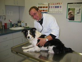 Dr. Bob Bellamy poses with a dog at his veterinary practice in Moose Jaw. Bellamy recently received the Canadian Veterinary Medical Association President's Award. PHOTO SUBMITTED