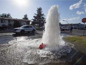 A knocked over fire hydrant on the corner of Dewdney Avenue E. & Rupert Street caused a a small geyser of water in Regina.