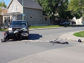 Regina police attended a collision between a motorcycle and truck at the intersection of 7th Avenue and Angus Street on July 4.