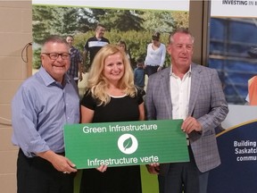 Ralph Goodale, minister of public safety and emergency preparedness, Peggy Chorney, mayor of Pilot Butte, and Indian Head-Milestone MLA Don McMorris announced $2.1 million in funding towards upgrades to the Pilot Butte Wastewater Treatment System in the community.