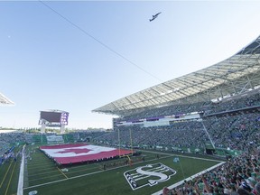 Jets fly-by during the Saskatchewan Roughriders' home opener at Mosaic Stadium.