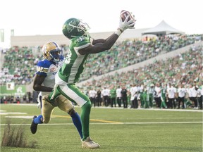 Caleb Holley makes this 18-yard reception for the Roughriders' first regular-season touchdown at new Mosaic Stadium.