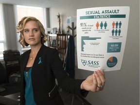 Kerrie Isaac, executive director of Sexual Assault Services of Saskatchewan, holds a page of statistics in her office. The group received $395,000 from the federal government to a fund a three-year project to research and develop ways to improve access to supports and services for sexual assault survivors.