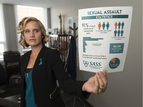 Kerrie Isaac, executive director of Sexual Assault Services of Saskatchewan, holds a page of statistics in her office. This is Sexual Assault Awareness Week in Saskatchewan.