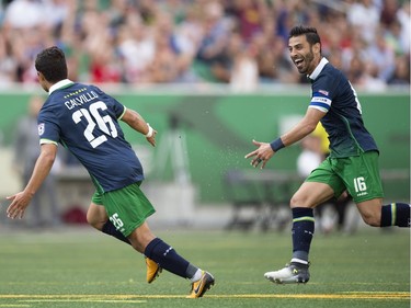 The New York Cosmos played the Valencia CF played as part of Soccer Day in Saskatchewan at Mosaic Stadium in Regina.  Cosmos' Eric Calvillo, celebrates after he boots the play past the keeper for the first goal of the game.