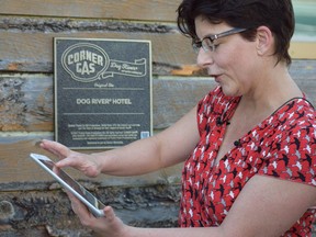 Virginia Thompson, executive producer of the Corner Gas franchise, leads the new Dog River walking tour, which launched Wednesday in Rouleau, SK. There are 14 stops on the tour, each with a bronze plaque and a QR code to access videos, behind the scenes details and sneak peaks at the new animated Corner Gas series.