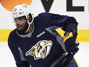 Nashville Predators P.K. Subban skates up ice during afternoon hockey practice before Game 2 of the Stanley Cup Finals against the Pittsburgh Penguins at PPG Paints Arena in Pittsburgh, Wednesday, May 31, 2017. Subban is the first Canadian NHL player to pass one million Twitter followers, according to the social media website.THE CANADIAN PRESS/ AP-Peter Diana/Pittsburgh Post-Gazette via AP