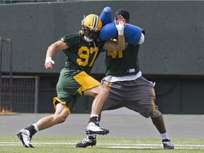 John Chick, left, is to make his debut with the Edmonton Eskimos on Friday against the visiting Saskatchewan Roughriders.