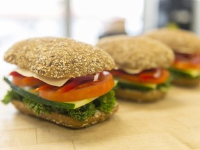 Veggie sandwiches on dark rye bread from Brewed Awakening.