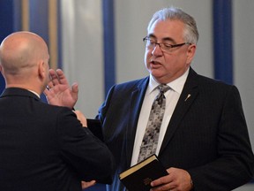 Saskatchewan Party MLA Joe Hargrave was sworn in as Minister of Crown Investments Corporation, SGI and STC at Government House in Regina on Tuesday, Aug. 23, 2016.