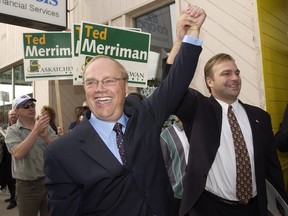 Elwin Hermanson and Ken Cheveldayoff campaign for the Saskatchewan Party back in 2003.