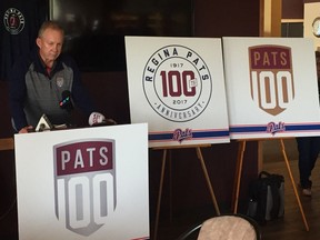 Regina Pats head coach and GM John Paddock helped unveil the WHL club's new 100th anniversary logos prior to the annual Wickenheiser Golf Classic at the Royal Regina Golf Club on Monday.