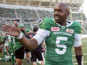 Saskatchewan Roughriders quarterback Kevin Glenn, shown during a July 29 CFL game at Mosaic Stadium, found some time for levity on the sidelines Saturday during the latter stages of a road loss to the B.C. Lions.