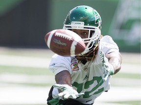 The Roughriders' Naaman Roosevelt stretches out for a pass during Friday's practice at Mosaic Stadium.