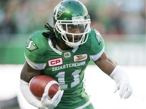 The Saskatchewan Roughriders' Ed Gainey is shown after one of his career-high four interceptions on Sunday.