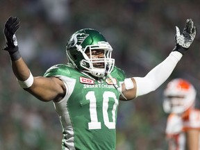 Henoc Muamba and the other members of the Saskatchewan Roughriders' defence helped their team defeat the visiting B.C. Lions 41-8 on Aug. 12.