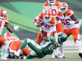 The Saskatchewan Roughriders' Tobi Antigha registers one of his two sacks Sunday against the B.C. Lions.