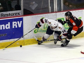 Riley Krane, left, had one goal in five regular-season games with the 2016-17 Regina Pats.