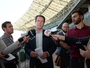 Mayor Michael Fougere speaks at the new Mosaic Stadium on Sept. 29, 2016.