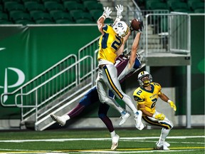 The Regina Thunder's Levi Paul makes a spectacular, 36-yard reception Saturday against the Edmonton Wildcats at Mosaic Stadium.