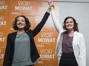 Interim leader Nicole Sarauer and Vicki Mowat celebrates after wining the Saskatoon Fairview By-Election held at the party's election camp at the Confederation Inn in Saskatoon, SK on Thursday, September 7, 2017.