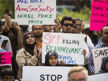 A crowd of supporters gather at City Hall to raise awareness on the humanitarian crisis in Myanmar in Saskatoon, Sask. on Saturday, September 9, 2017.
