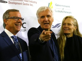 Premier Brad Wall, James Cameron and Suzy Amis Cameron announce a production facility for Verdiant Foods in Vanscoy on Sept. 18, 2017.
