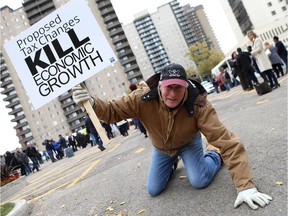 Saskatchewan farmer Jerry Hoehn was among the small business owners and employees in Saskatoon who rallied against proposed federal tax changes.