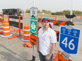 Jesse Edwards stands at the intersection of Main Street and the Trans-Canada Highway by Balgonie. Edwards is concerned about safety and response times for emergency responders due to the intersection closure, and organized a community meeting to discuss the issue.