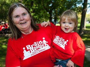 Barb Butler (left) and her grandaughter Rue Sommerfeld. Barb founded the Brain Boogie for the Saskatchewan Brain Injury Association and took part in the 15th annual installment of the event at Wascana Park in Regina, Saskatchewan on September 9, 2017.