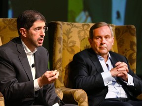 Dionisio Prez Jacome, Mexico's ambassador to Canada, left, joins David MacNaughton, Canada's ambassador to the United States, in a discussion at the Global Business Forum at the Fairmont Banff Springs, in Banff on Friday.