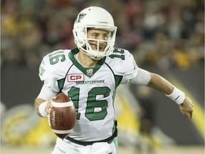 Brett Smith, shown playing for the Saskatchewan Roughriders against the host Hamilton Tiger-Cats in 2015, is the only Roughrider to throw a touchdown pass at Tim Hortons Field.