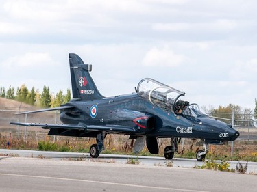 Pilots Capt. Thomas Thornton and Capt. Hassan Naqvi bring in their CT-155 Hawk jet during the Regina Flying Club's open house event in Regina, Saskatchewan on September 17, 2017.