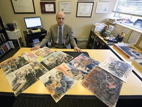 Regina lawyer Gerald Heinrichs with his collection (19 in total) of Watergate hearing paintings by American artist Freda L. Reiter, who was a courtroom artist who covered the Watergate burglary trials for ABC News.
