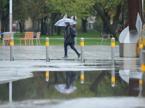 A woman walks through light rain in downtown Regina. The city saw a full day of rain on Tuesday. Regina has received less than 15mm of rain since the start of July.