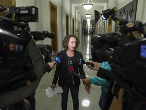 NDP Leader Nicole Sarauer addresses reporters at the Legislative Building on Friday.