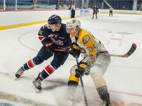Ty Ettinger of the Brandon Wheat Kings battles for the puck with Braydon Buziak of the Regina Pats during WHL pre-season action at the Brandt Centre on Saturday.