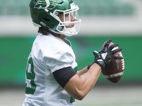 Saskatchewan Roughriders running back Kienan LaFrance, shown at a recent practice, is expected to get the start on Saturday in Winnipeg.