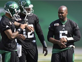 Saskatchewan Roughriders quarterback Kevin Glenn (5) was on field for practice at Mosaic Stadium on Monday, however he did not take part in passing with the offence.