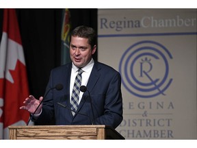 Federal Conservative Party leader Andrew Scheer speaks during the Regina & District Chamber of Commerce lunch at the Conexus Arts Centre in Regina on Sept. 12.