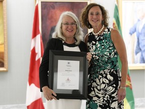 Marilyn Stearns, family literacy development co-ordinator with the Saskatchewan Literacy Network, left, was presented with    Saskatchewan's 2017 Council of the Federation Literacy Award by Education Minister Bronwyn Eyre at the Legislative Building in Regina.