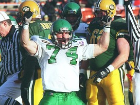 Former Saskatchewan Roughriders linebacker Dan Rashovich, shown celebrating a big play in the CFL's 1997 West Division final against the Edmonton Eskimos, is now heavily involved in a charity that tackles childhood cancer.