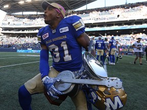 Winnipeg's Maurice Leggett had a lot to celebrate after Saturday's Banjo Bowl win over the Riders.