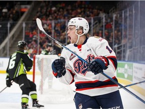 Bryan Lockner of the Regina Pats celebrates the first goal of the game on Sunday against the host Edmonton Oil Kings at Rogers Place.