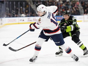 Brett Kemp of the Edmonton Oil Kings pursues Jonathan Smart of the Regina Pats during WHL action at Rogers Place on Sunday. Smart finished with a career-high four points (all assists) in Regina's 5-3 victory.