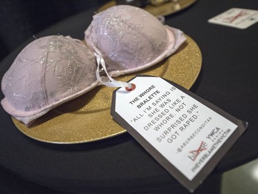 The YWCA is holding a BLAME pop-up shop at the University of Regina. Its controversial clothing display opposes blaming and shaming victims of sex assault by attaching to them quotes from judgments and tweets. This is "The Whore Bralette."